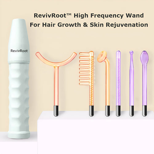 RevivRoot high frequency wand for hair growth and skin rejuvenation with various attachments on a beige background.