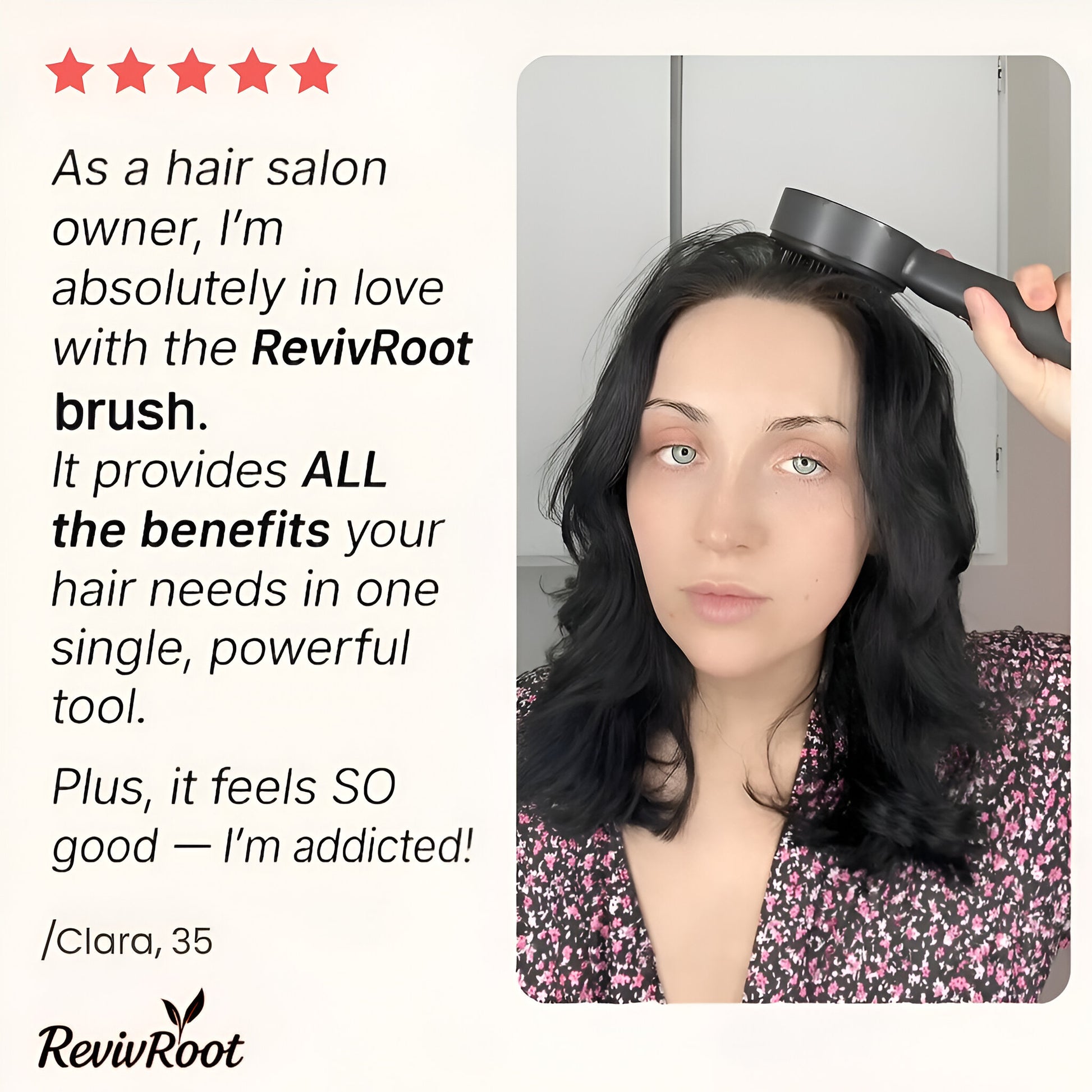Woman using a hair massager with text and Revivroot logo