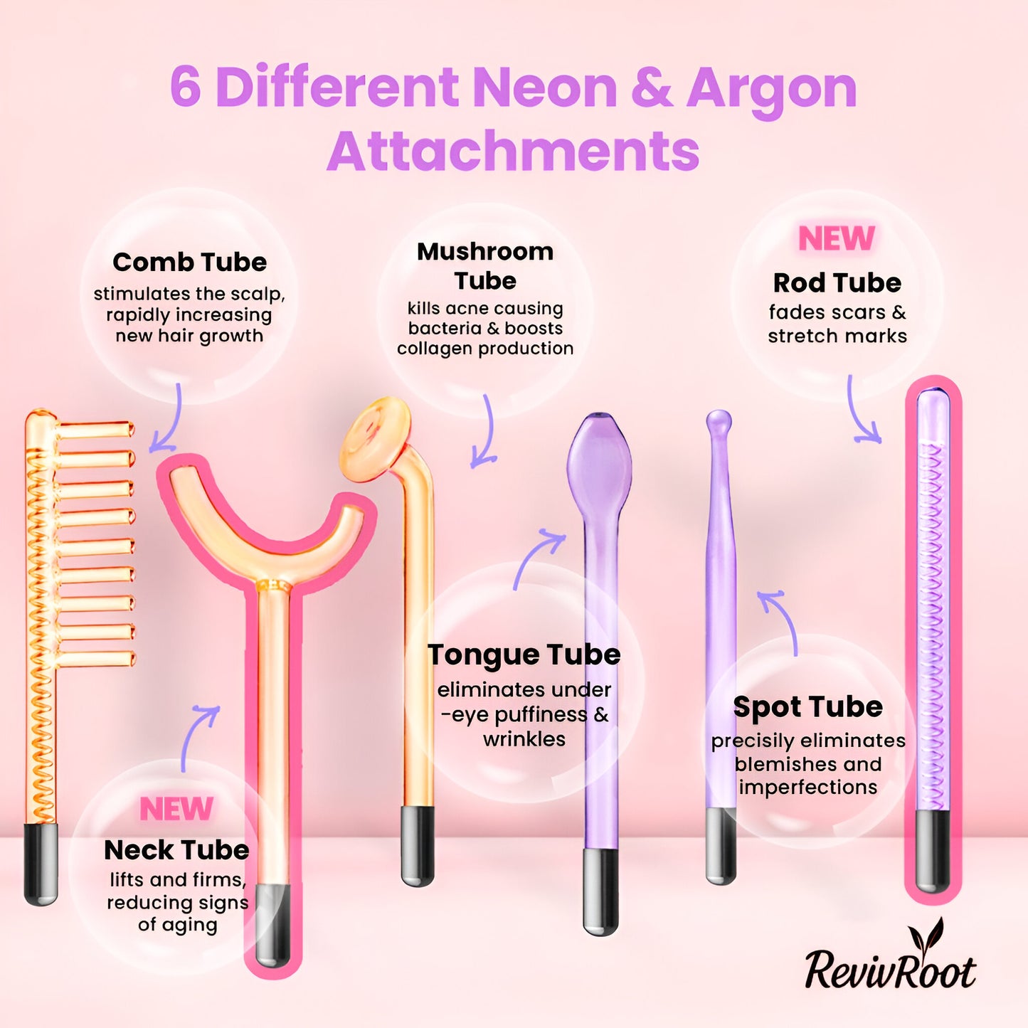 Neon and argon attachments for a device with RevivRoot branding on a pink background.