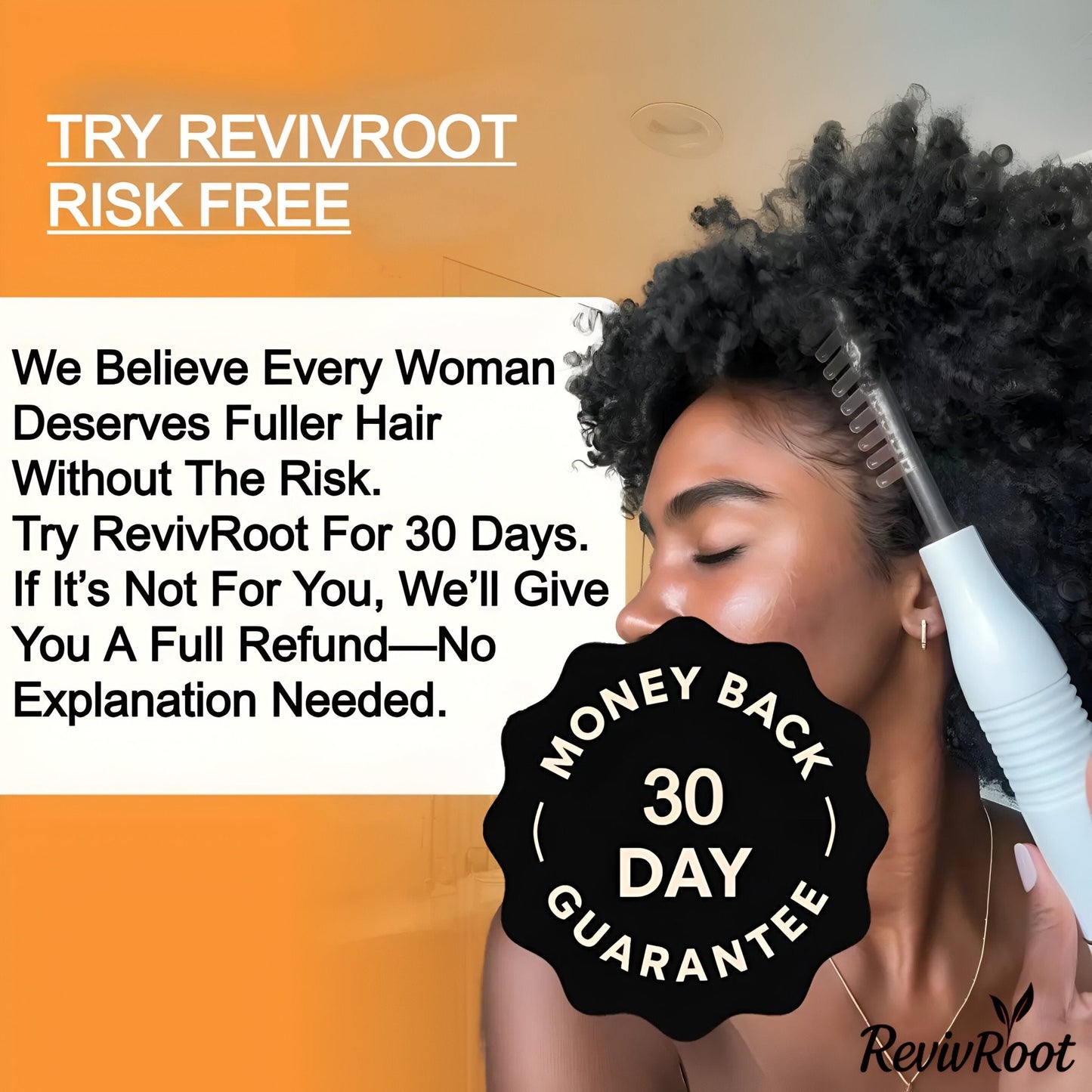 Woman using RevivRoot product with promotional text and money-back guarantee offer.