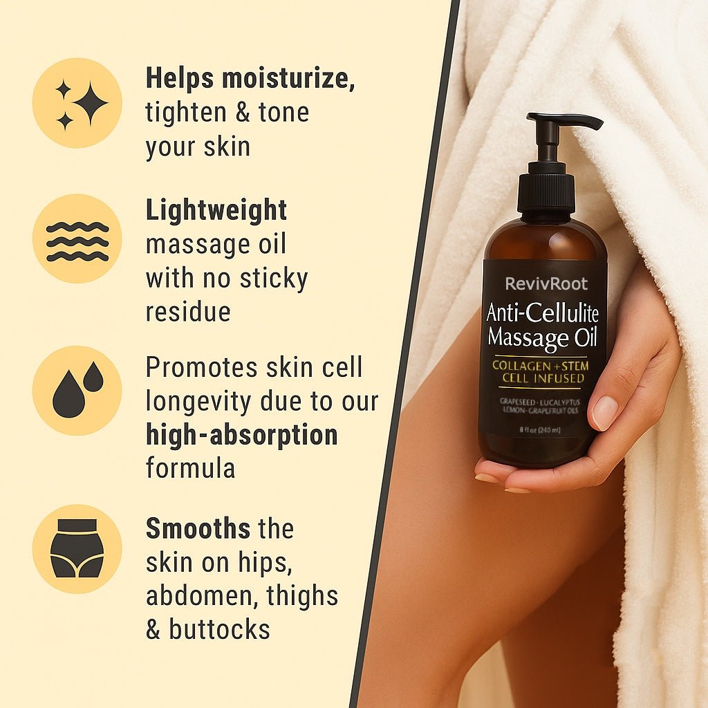 RevivRoot Anti-Cellulite Massage Oil benefits infographic highlighting moisturizing, toning, and smoothing