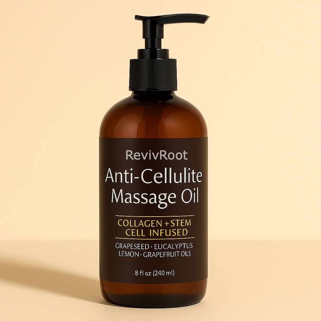 RevivRoot Anti-Cellulite Massage Oil bottle with collagen and stem cell infusion