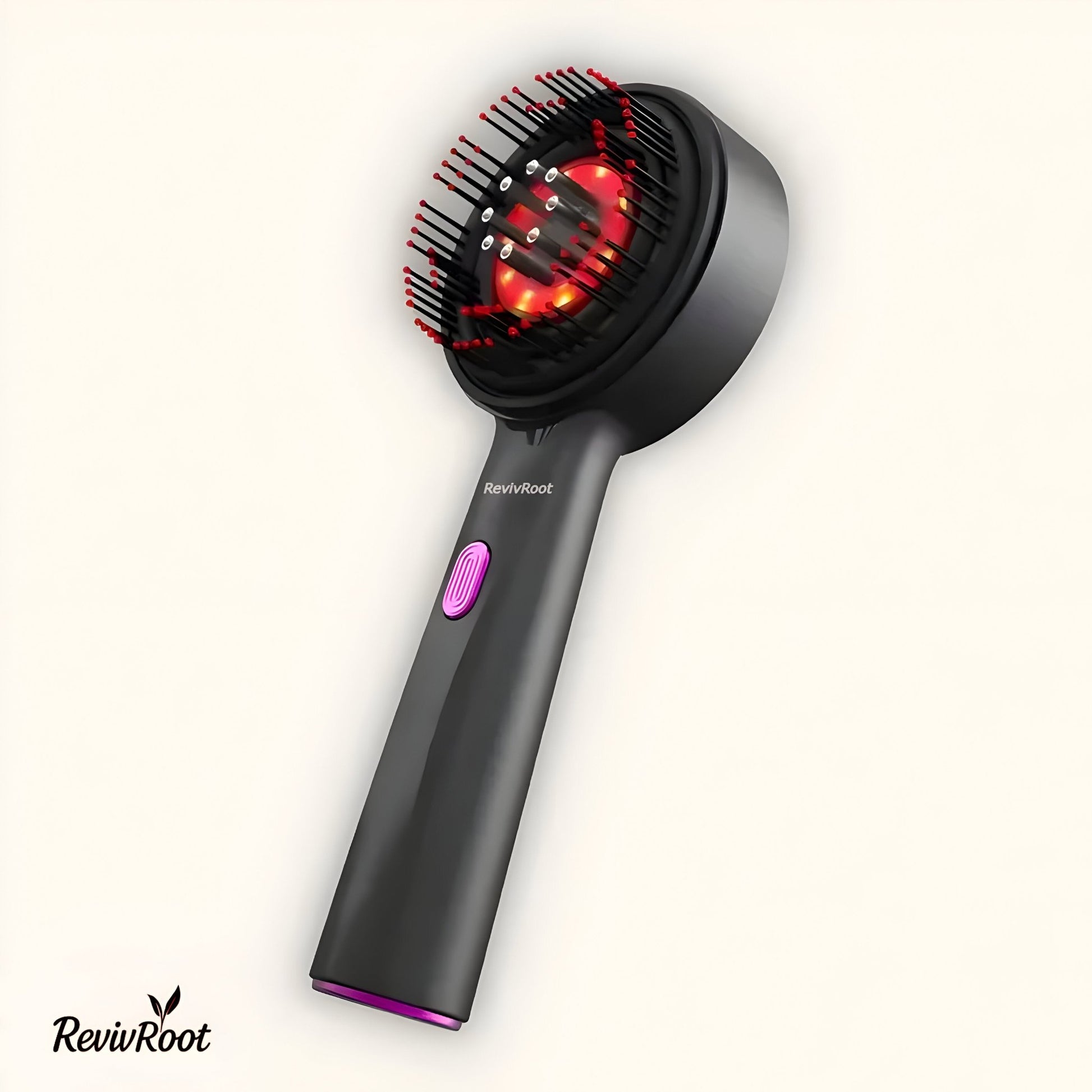RevivRoot scalp brush in matte grey finish featuring red light therapy and flexible massage bristles, ideal for promoting circulation and hair follicle health.
