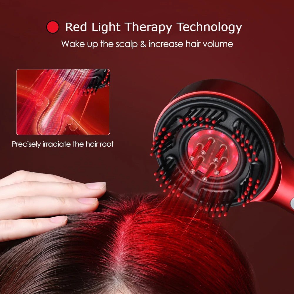 Red light therapy hair care device with text on a red background