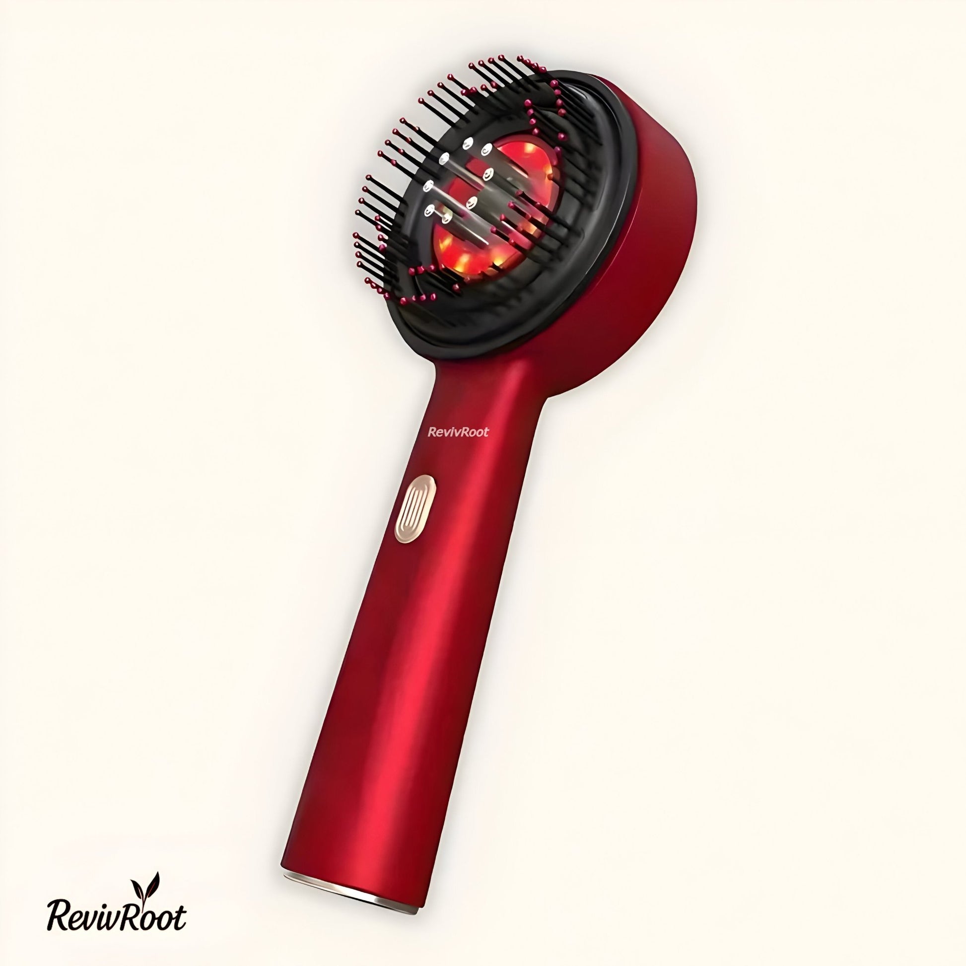 RevivRoot hair growth brush in sleek metallic red with LED red light therapy nodes and oil infusion chamber, designed for scalp stimulation and hair regrowth.