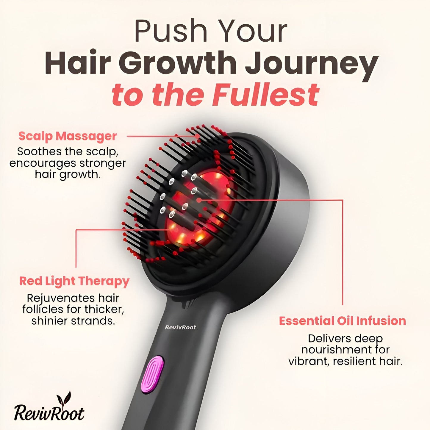 Hair growth tool with red light therapy and scalp massager on a white background