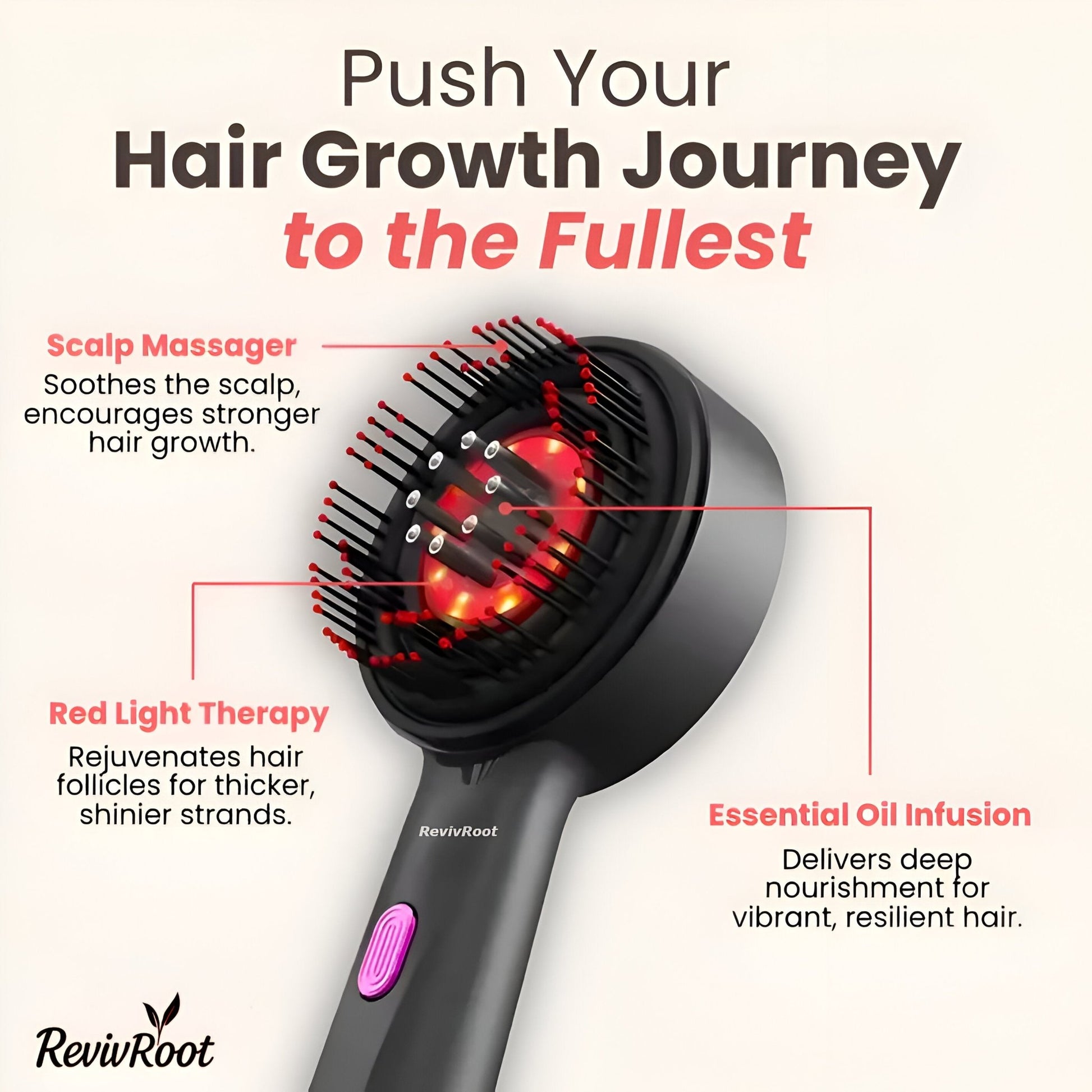 Hair growth tool with red light therapy and scalp massager on a white background