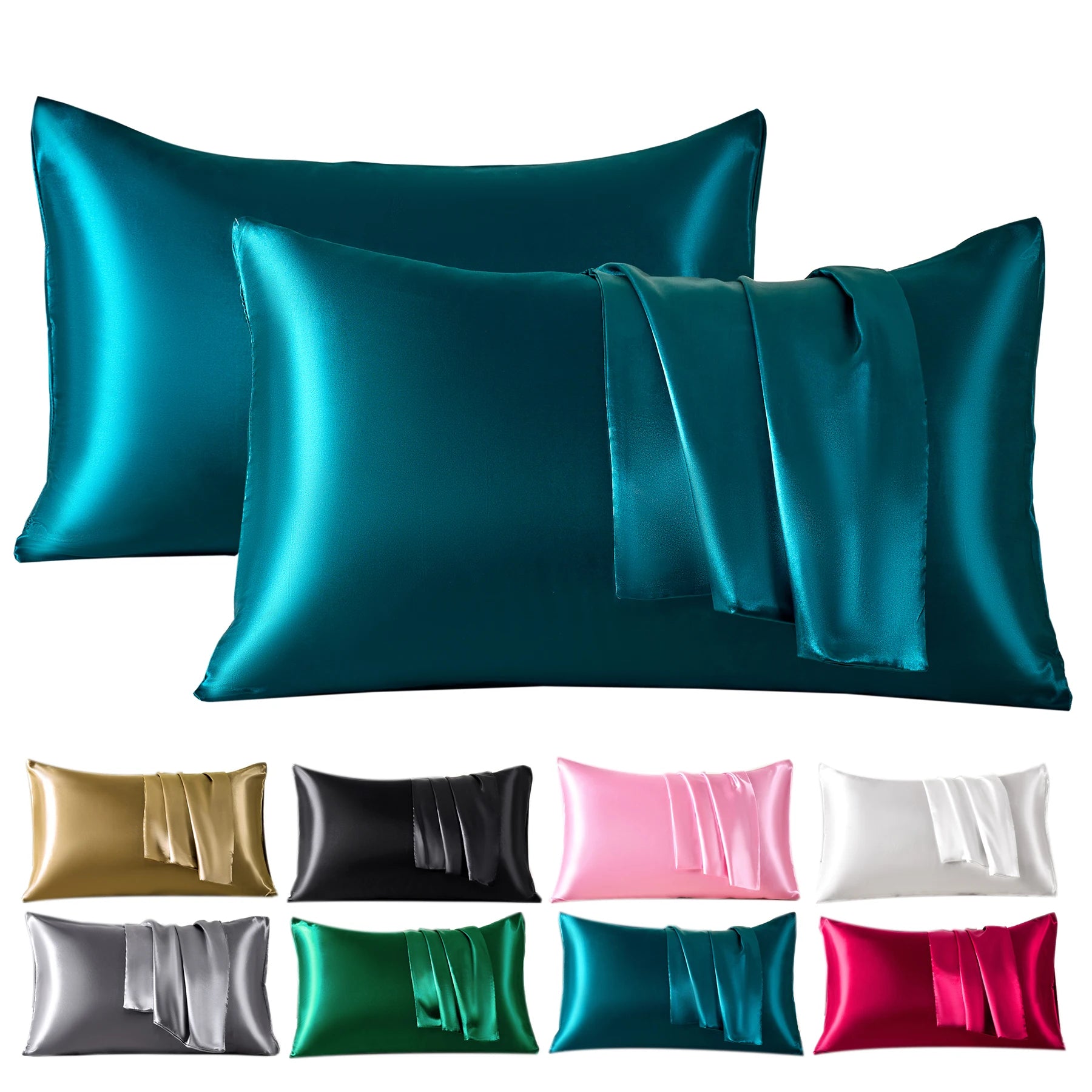 Set of teal satin pillowcases with color swatches below on a white background