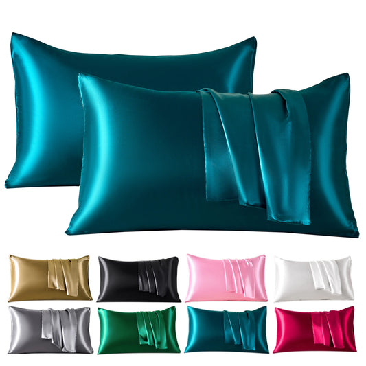 Set of teal satin pillowcases with color swatches below on a white background