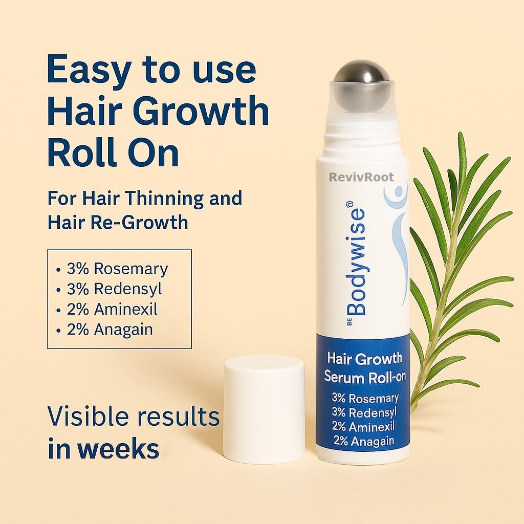 Hair growth roll-on with plant elements on a beige background