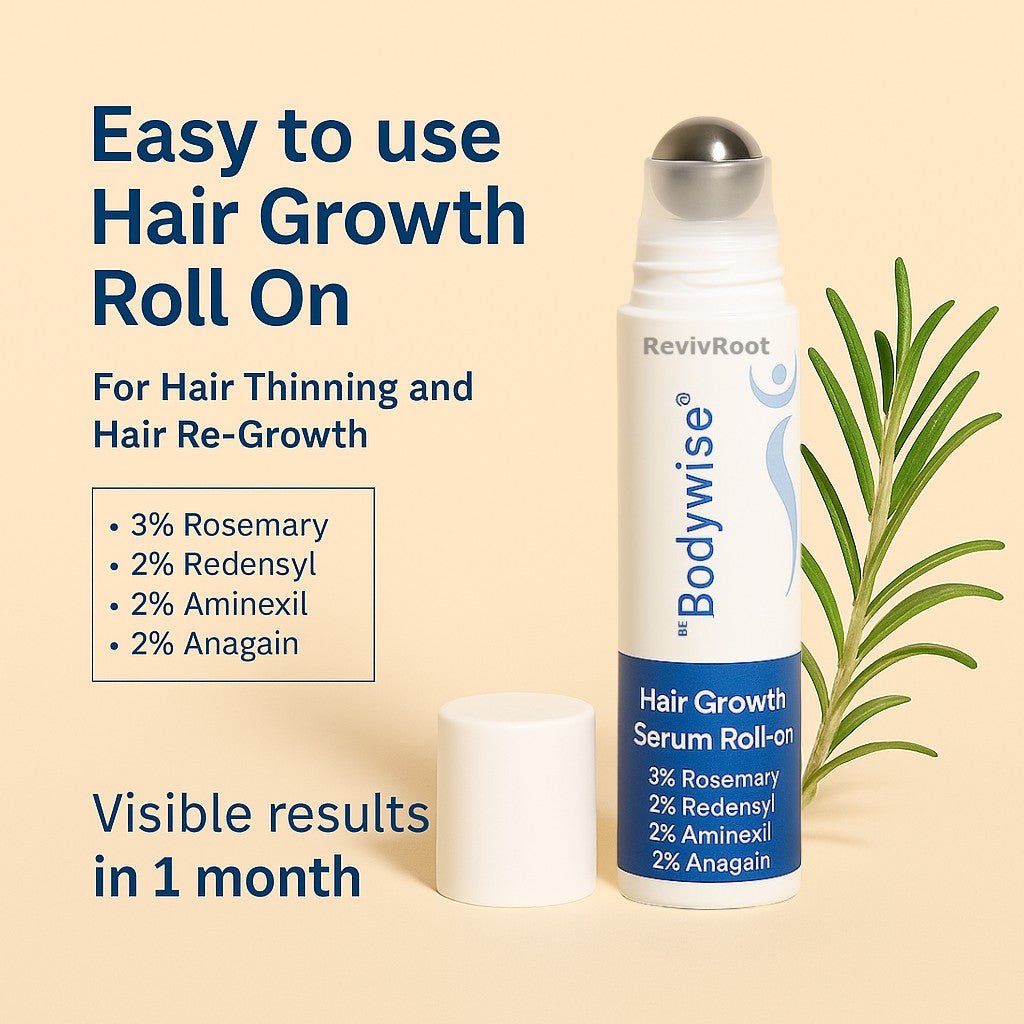 Hair growth roll-on with plant leaf on beige background