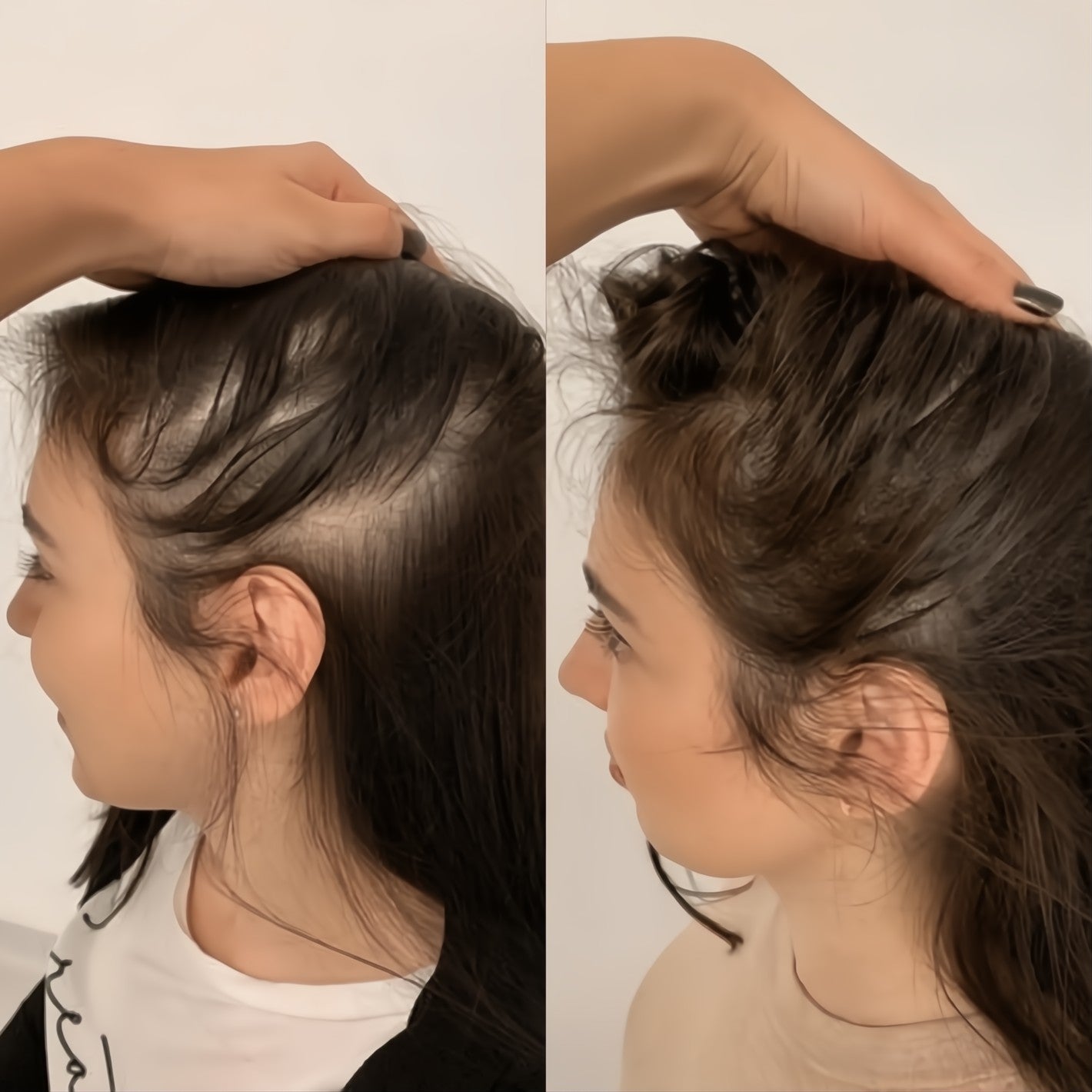 Side-by-side comparison of a person with hair styled differently on a plain background