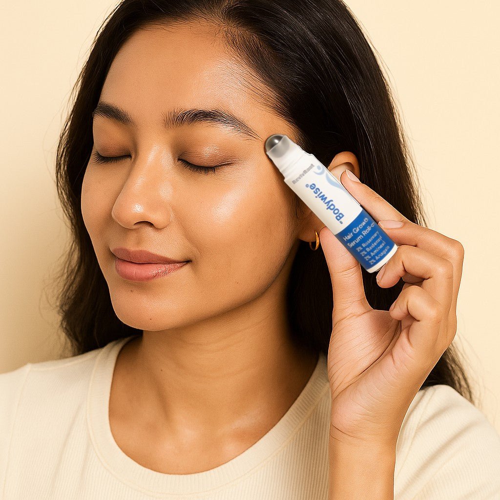 Woman applying a skincare product to her face with a beige background