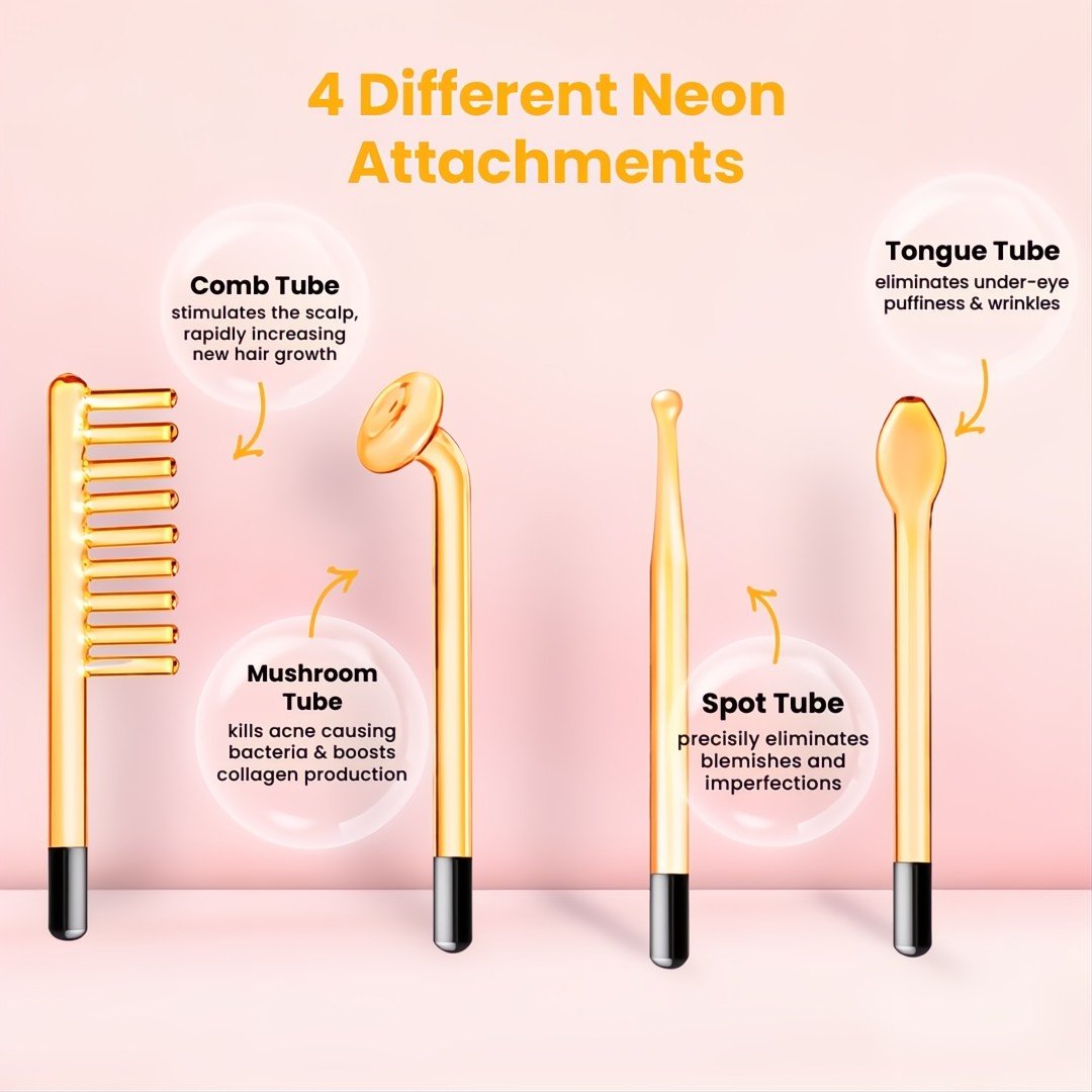 Four different neon attachments with descriptions on a pink background