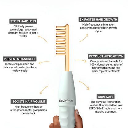 Hair restoration device with text highlighting its features on a white background