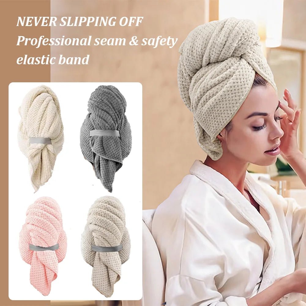 Woman wearing a towel on her head with various color options displayed.
